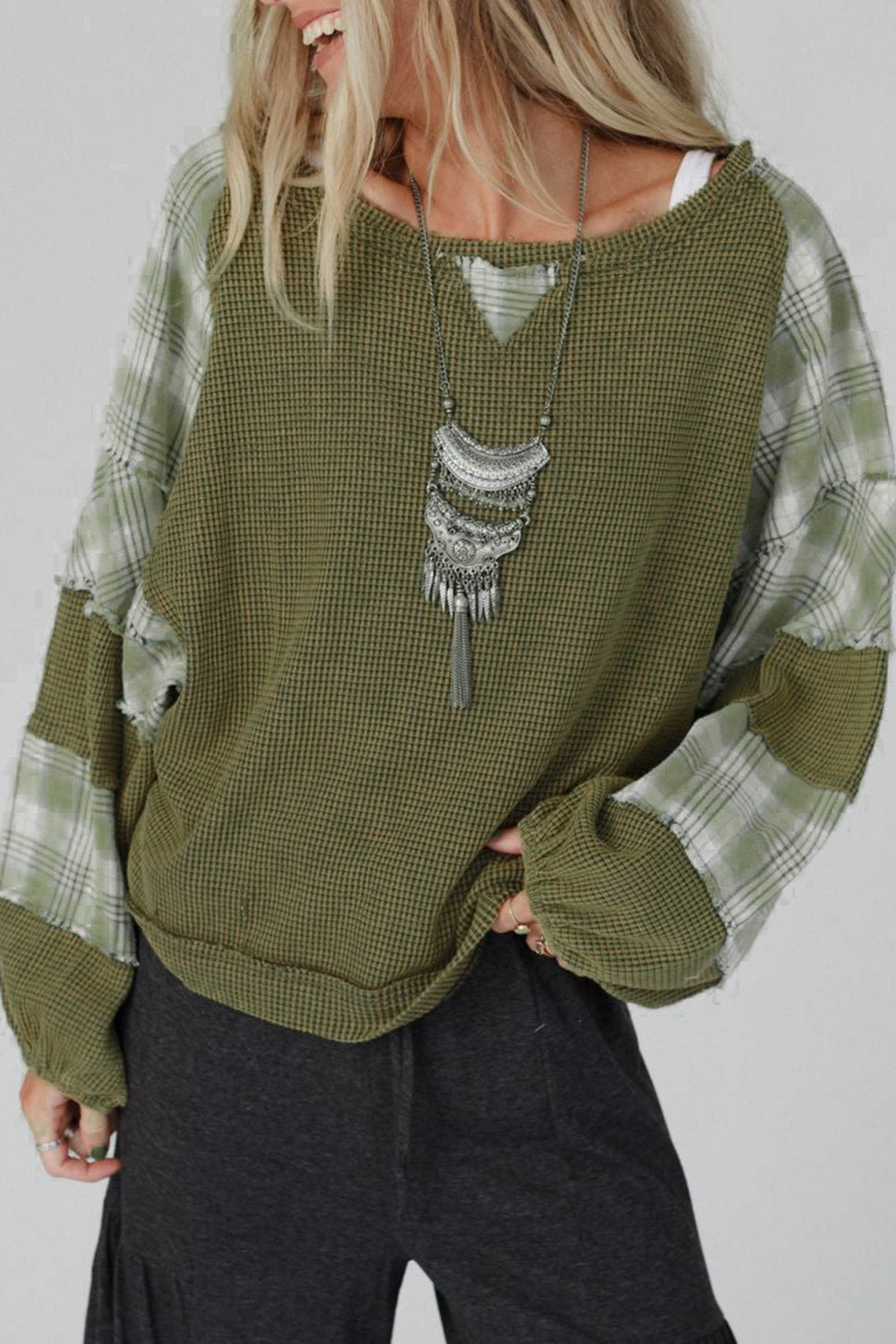 White Plaid Patch Waffle Knit Long Sleeve Top