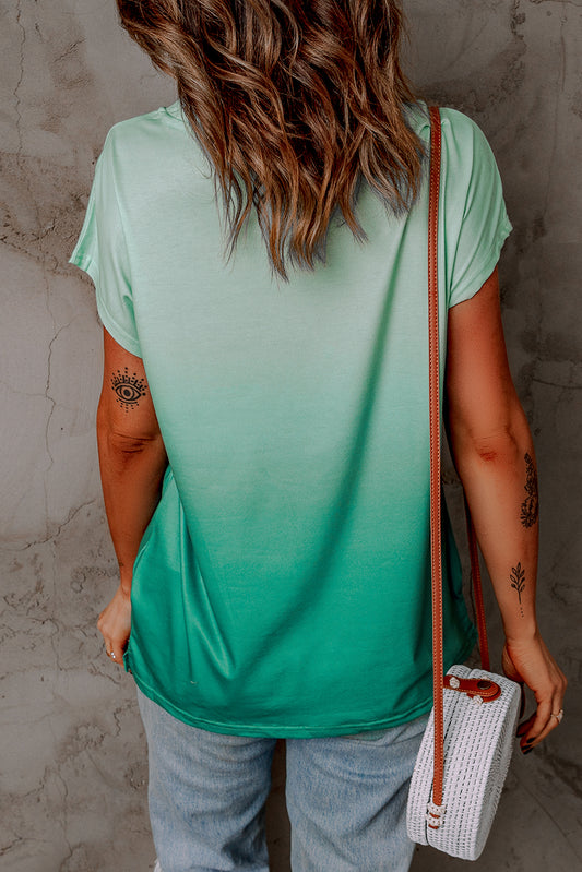 Ombre Green Short Sleeve Crew Neck T Shirt with Pocket