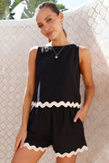 Black Contrast Trim Sleeveless Top and Elastic Waist Shorts Set