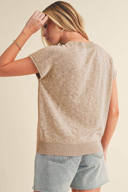 Smoke Gray Round Neck Short Raglan Sleeve Knitted T-shirt