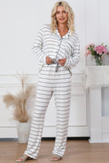 White Striped Print Long Sleeve Top & Drawstring Pants Pajamas Set