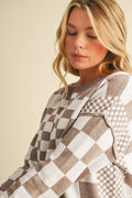 Black Checkered Drop Shoulder Round Neck Sweater