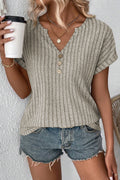 Parchment Ribbed Notched V Neck Button Decor T shirt