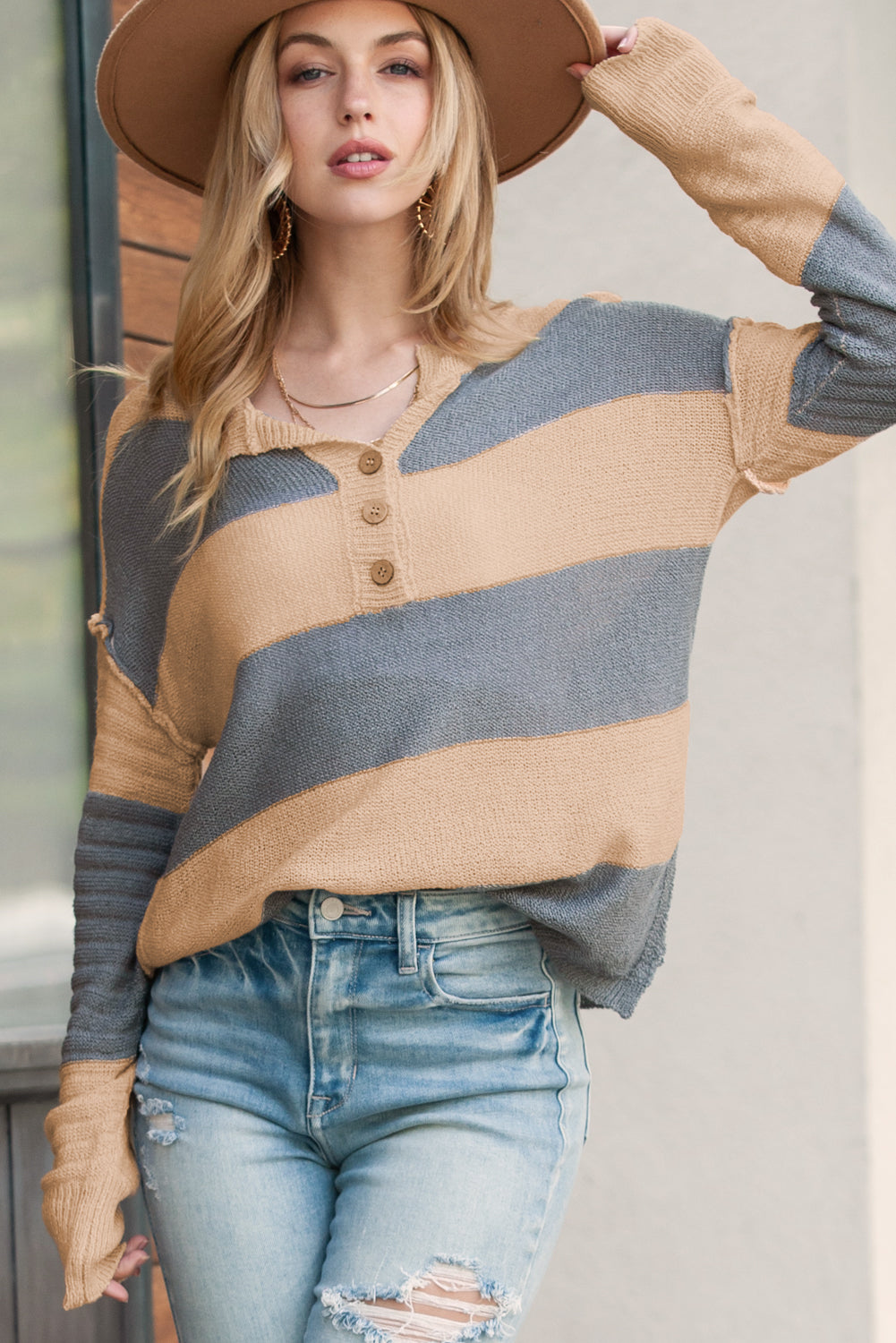 Khaki Colorblock Ribbed Contrast Trim Henley Sweater