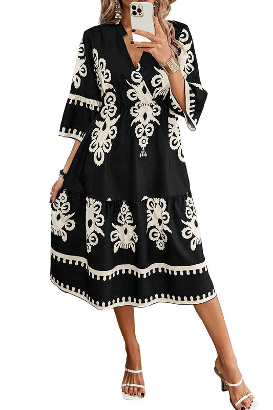 Black Ethnic Print 3/4 Sleeve Loose Midi Dress