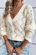 Mint Green Hollow Out Knit V Neck Drop Shoulder Sweater