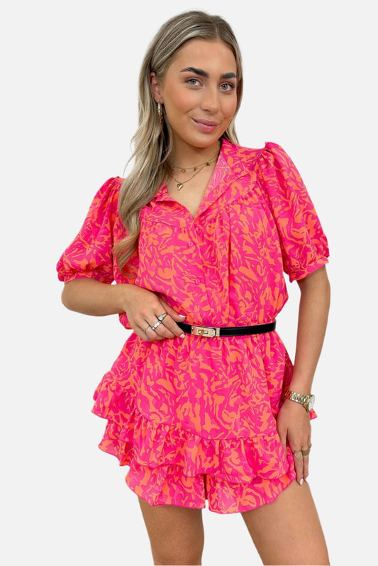 Rose Abstract Print Puff Sleeve Layered Ruffle Mini Dress