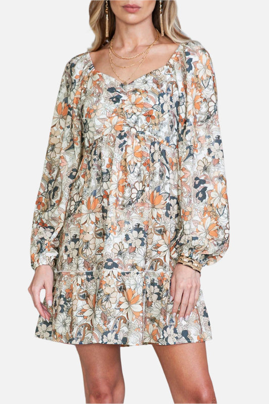 Floral Print Boho Ruched Sweetheart Neck Frilled Dress