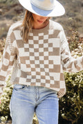 Black Checkered Drop Shoulder Round Neck Sweater