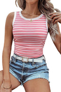 Pink Stripe Contrast Trim Sleeveless Ribbed Slim Top