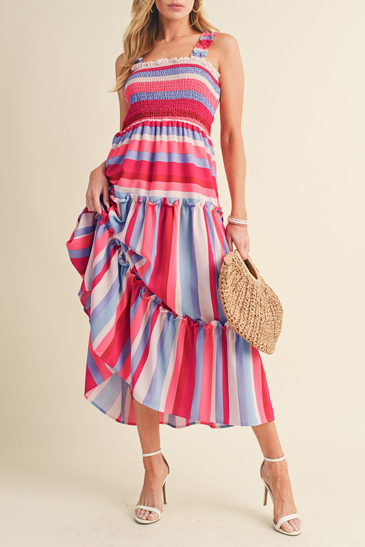 Khaki Mix Striped Wide Straps Smocked Tiered Maxi Dress