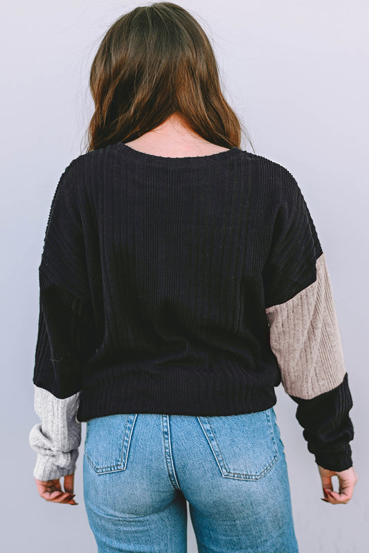 Black Colorblock Textured Knit Long Sleeve Top