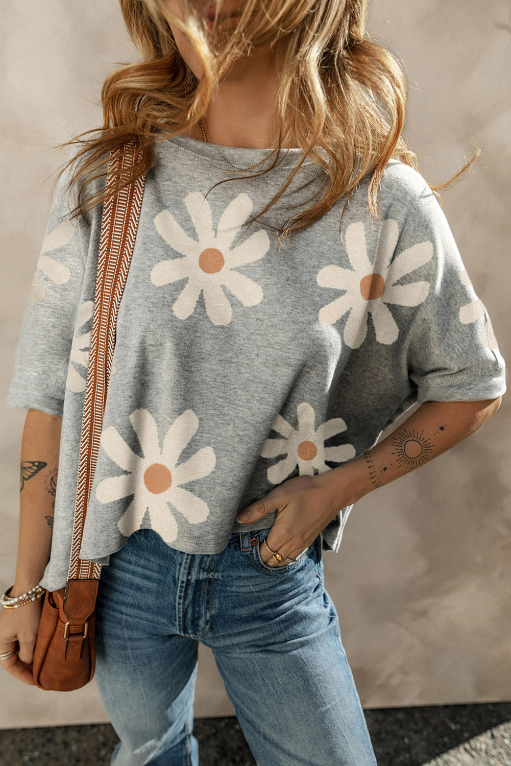 White 60s Vintage Flower Print Batwing Sleeve T Shirt