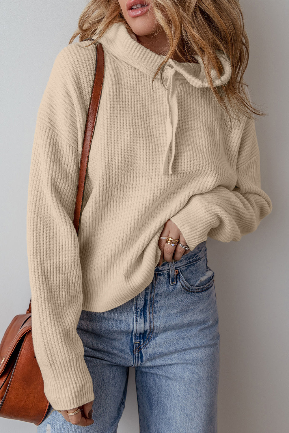 Beige Plain Drawstring Hooded Drop Shoulder Pullover Sweater