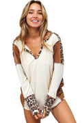 White Leopard Patchwork Notch Neck Thumbhole Long Sleeve Top