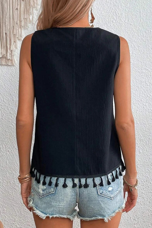 Black Tassel Hem V Neck Boho Geometric Embroidered Sleeveless Top