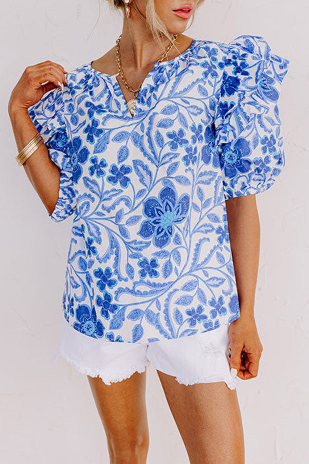 Dark Blue Floral Print Ruffled Bubble Sleeve Blouse