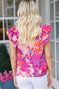 Rose Floral Flutter Sleeveless Frilled Neck Blouse