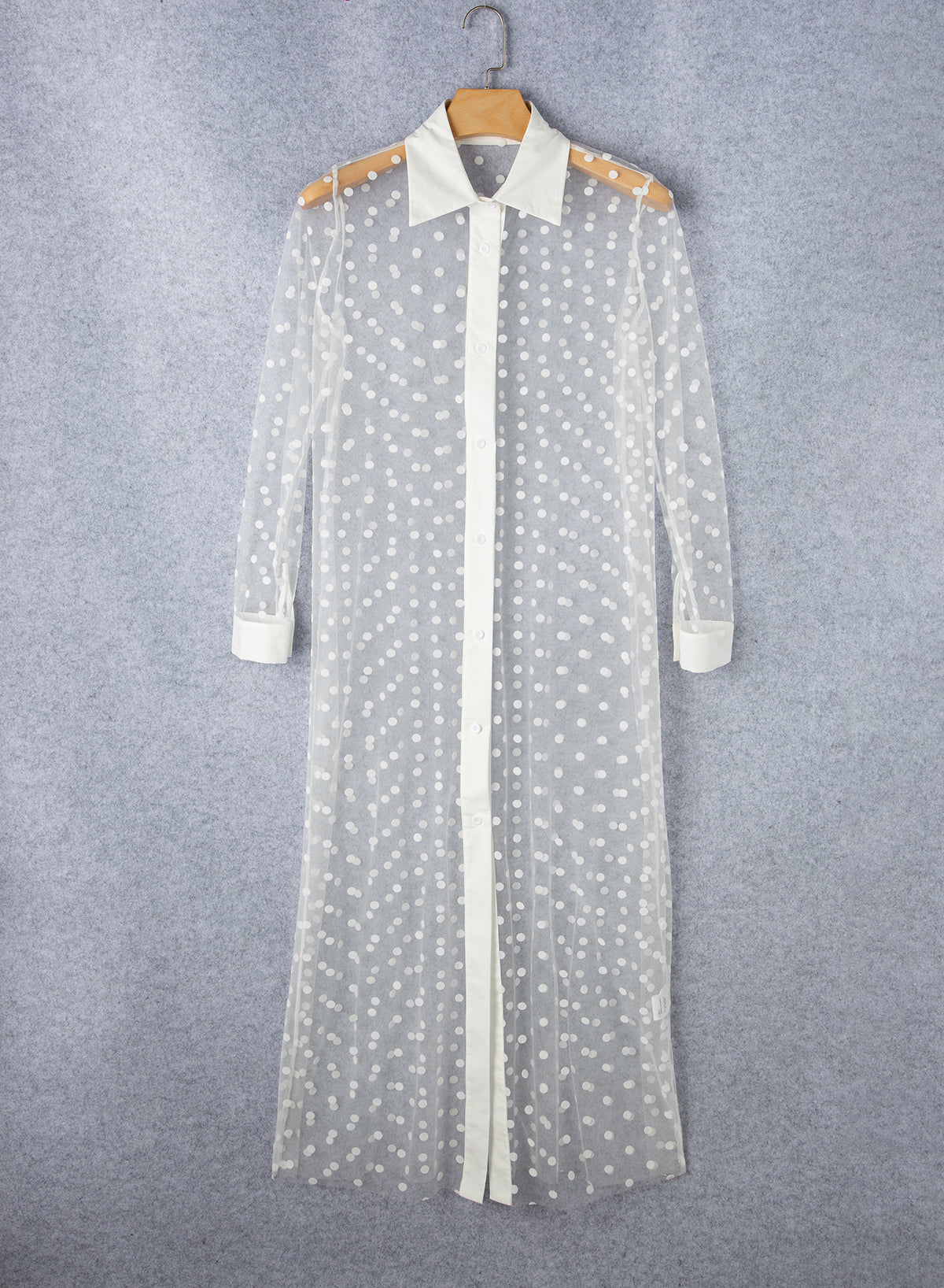 White Polka Dot Print Collared Buttoned Mesh Cover Up