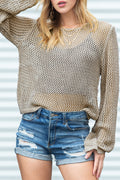 Khaki Solid Hollow-out Knit Long Sleeve Top