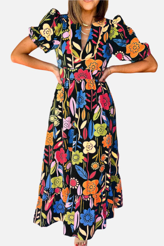 Black Retro Floral Printed Split Neck Ricrac Maxi Dress