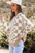 Black Checkered Drop Shoulder Round Neck Sweater