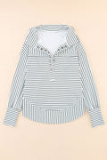 White and Black Striped Grommet Collared Thumbhole Long Sleeve Top