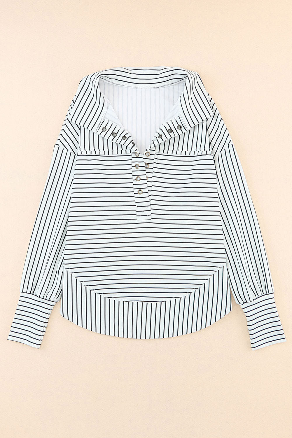 White and Black Striped Grommet Collared Thumbhole Long Sleeve Top