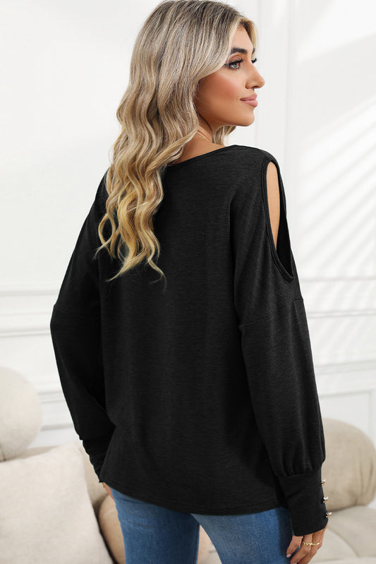 Black Boat Neck Asymmetric Cut Out Long Sleeve Top