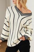 White Contrast V Neck Loose Tunic Sweater