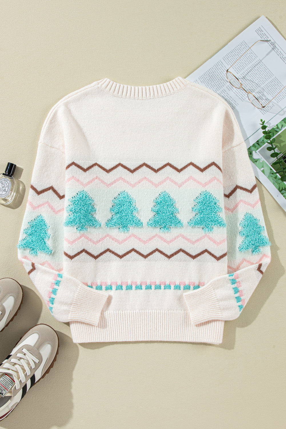 White Christmas Tree Wavy Striped Drop Sleeve Sweater