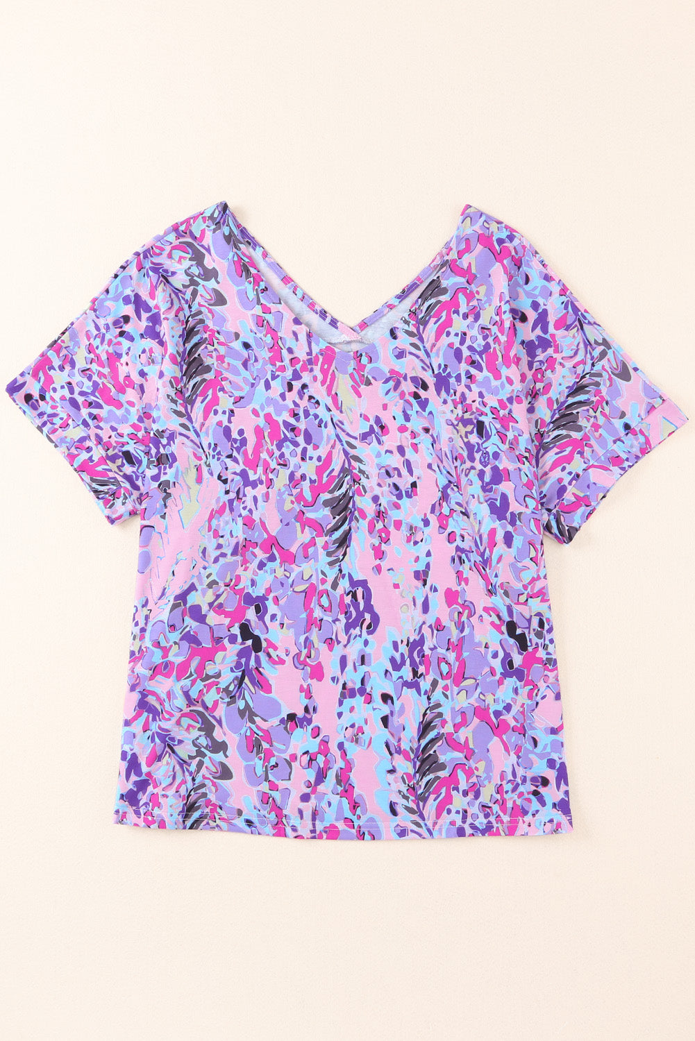 Pink Boho Abstract Floral Print V Neck T Shirt