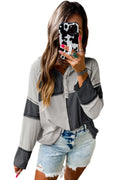 Multicolor Exposed Seam Ribbed Henley Hooded Long Sleeve Top