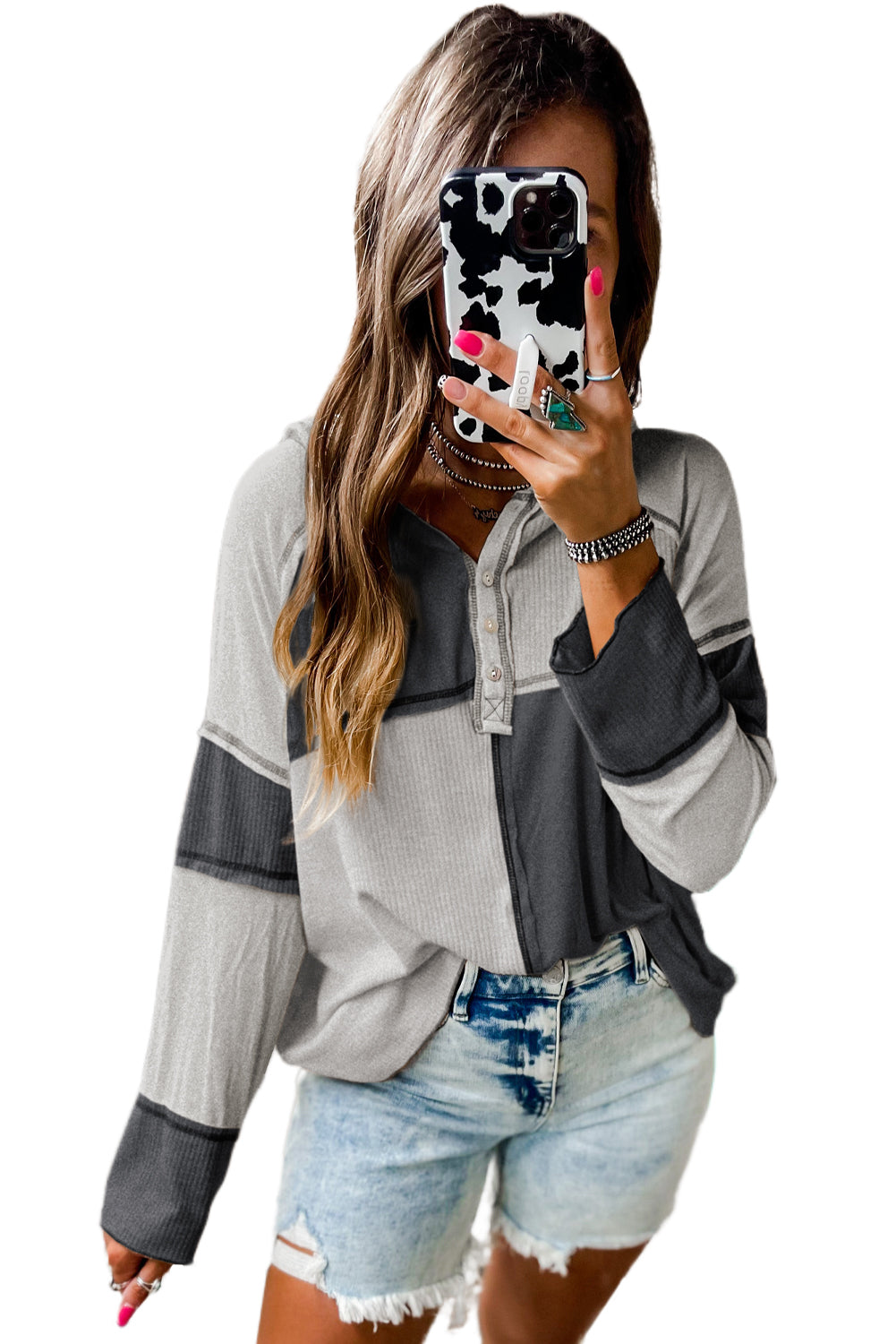 Multicolor Exposed Seam Ribbed Henley Hooded Long Sleeve Top