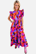 Orange Abstract Print High Waist Ruffle Tiered Maxi Dress