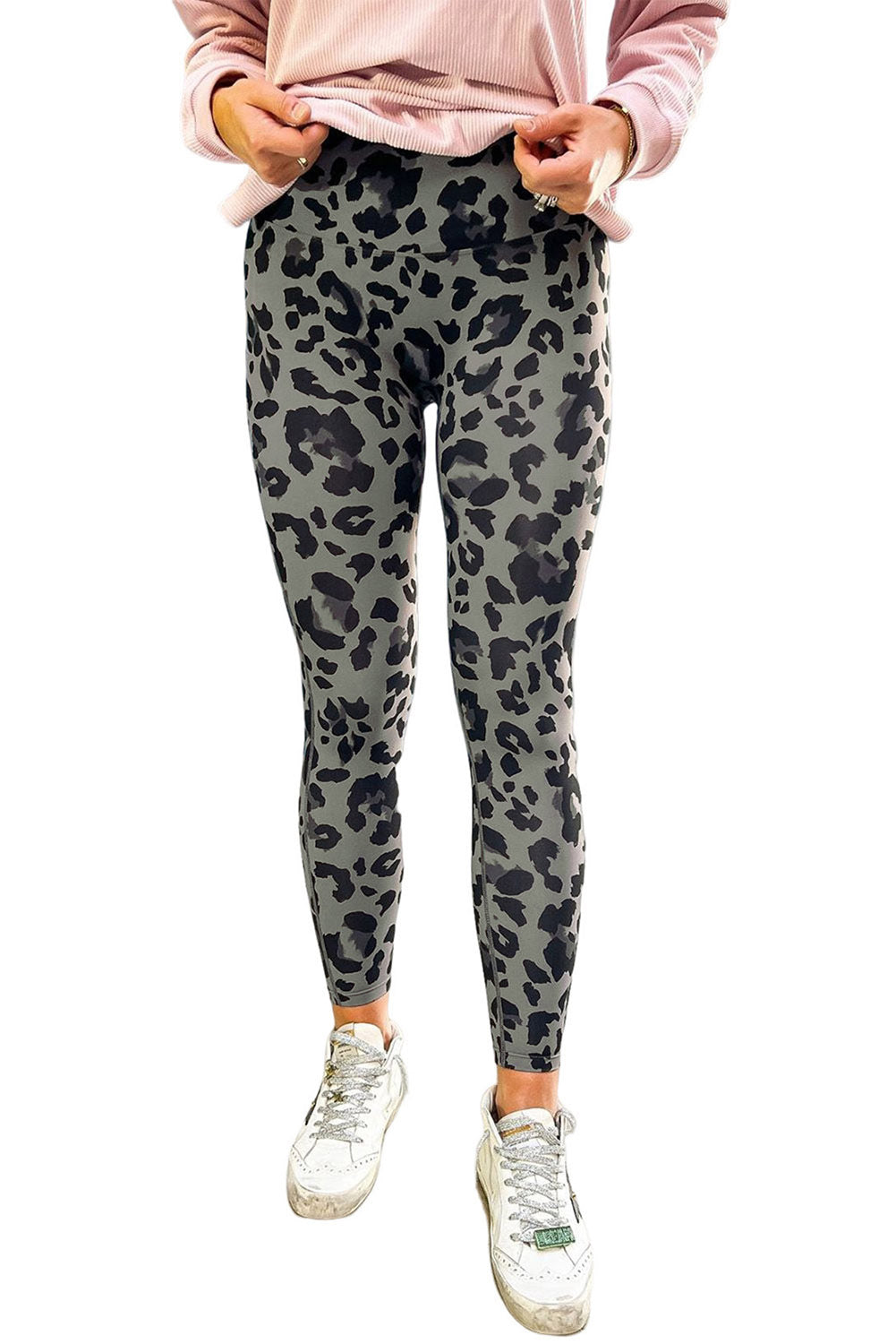 Grey Leopard Print Casual High Waist Leggings