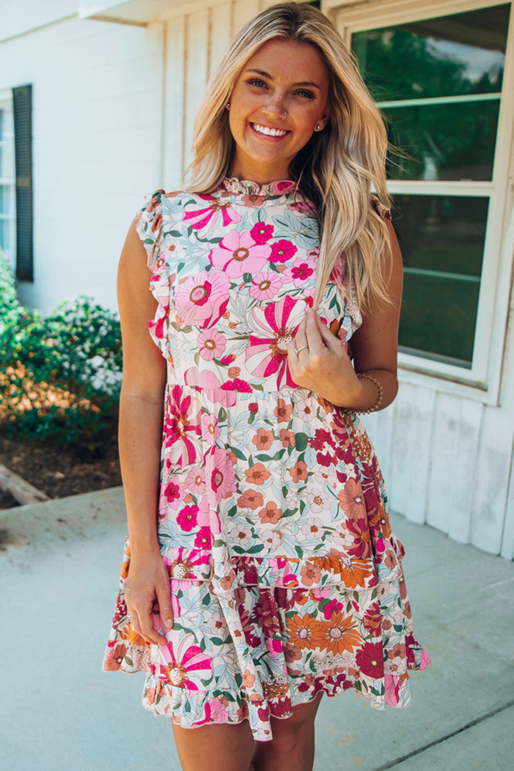 Floral Print Casual Ruffled Sleeveless Tiered Short Dress