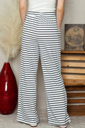 White Striped Casual Drawstring Wide Leg Pants with Pockets