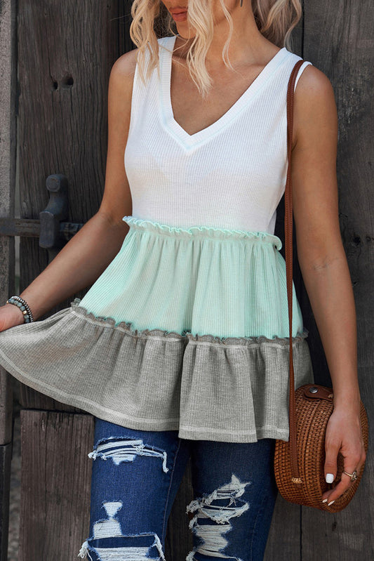 White Pleated V Neck Ruffle Shoulder Sleeveless Blouse