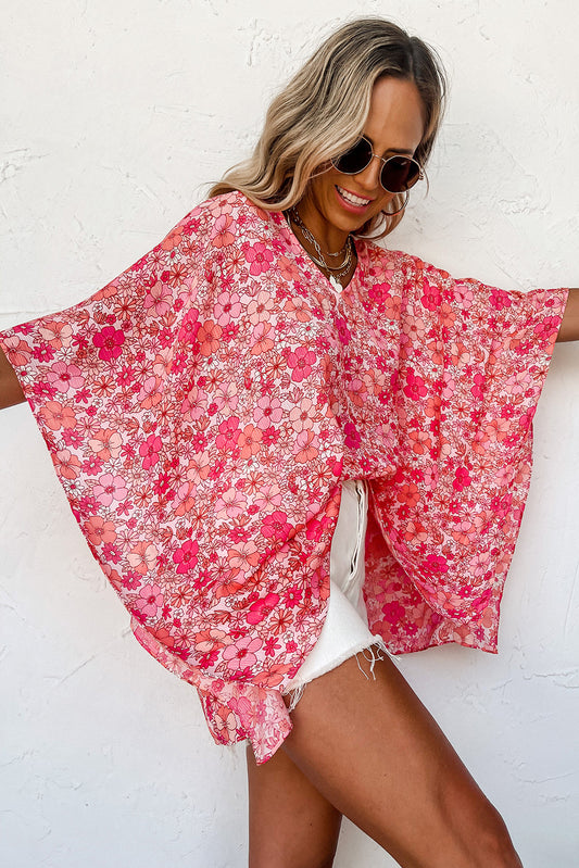 Pink Boho Floral Print V Neck Oversized Blouse