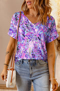 Pink Boho Abstract Floral Print V Neck T Shirt