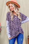 Leopard Print V Neck Drop Shoulder Long Sleeve Top