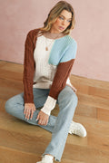 Khaki Mix Textured Knit Colorblock Mock Neck Sweater