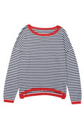 Striped Print Trim Drop Sleeve Knit Pullover Sweater