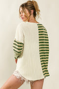 Khaki Striped Print Ribbed Color Block Long Sleeve Top