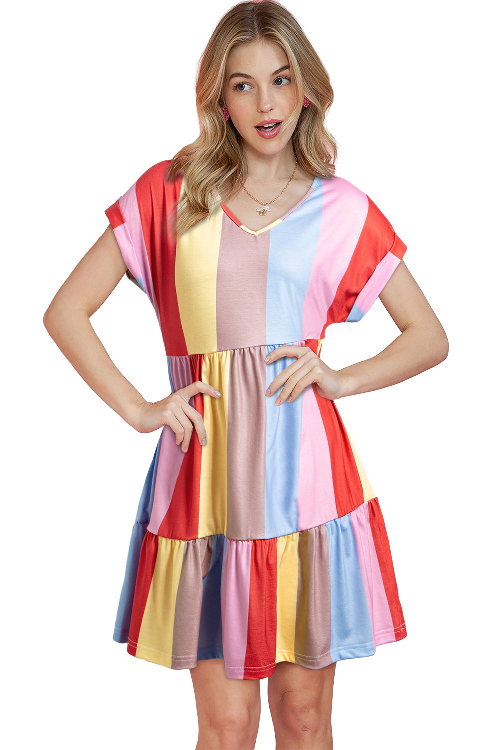 Multicolor Striped Rainbow V Neck Short Sleeve Tiered Dress