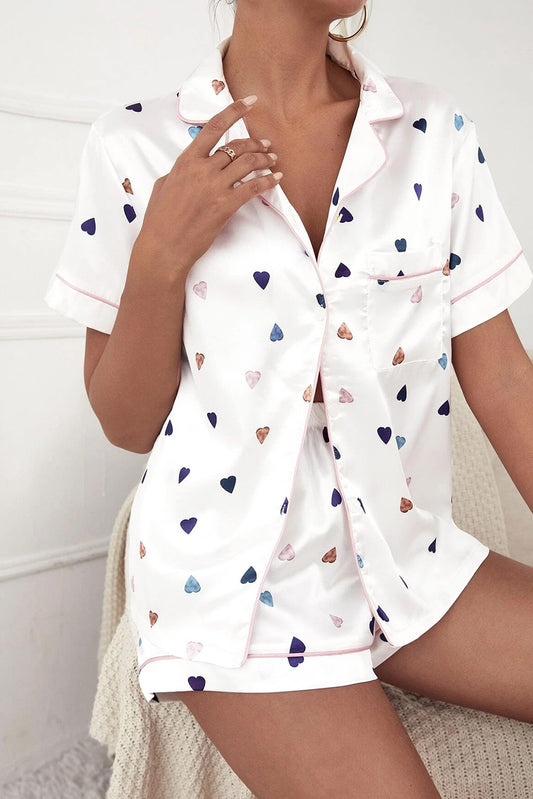 Sky Blue Heart Print Pocket Shirt & Elastic Shorts Lounge Set