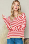 Striped Print Trim Drop Sleeve Knit Pullover Sweater