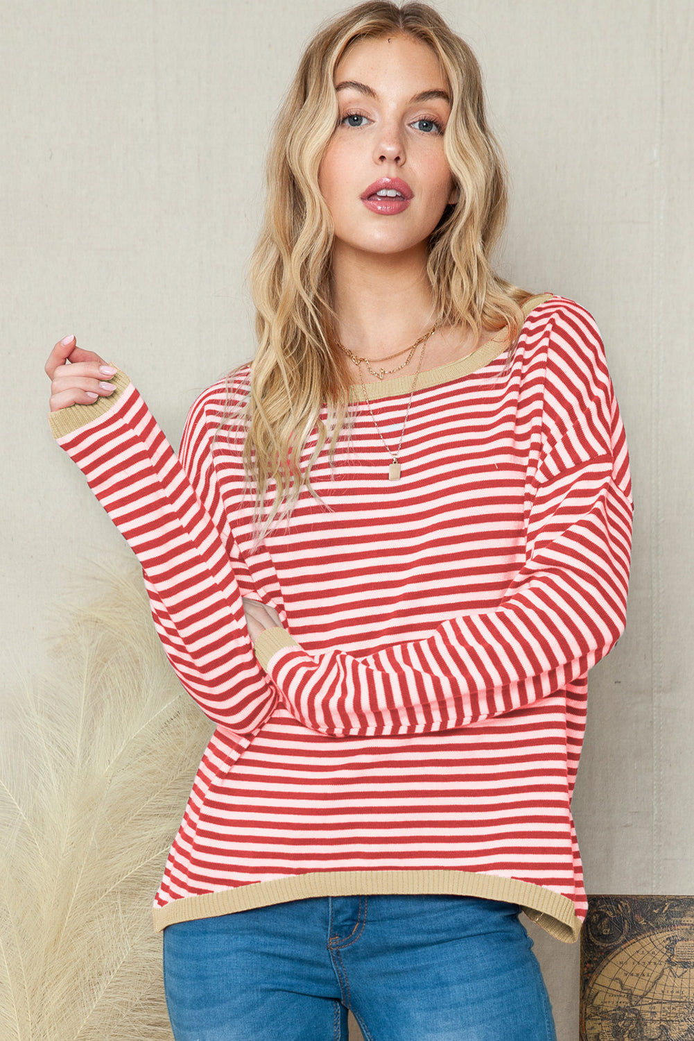 Striped Print Trim Drop Sleeve Knit Pullover Sweater