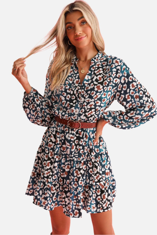 Blue Leopard Print Bubble Sleeve Ruffled Shirt Dress